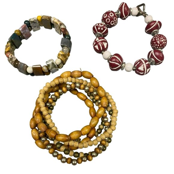 Multicolor Stone, Red and White Wood, and Wood Bead Bracelets - Picture 1 of 6